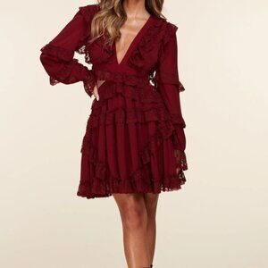 BURGUNDY SHOE LACE BACK MINI SWING DRESS